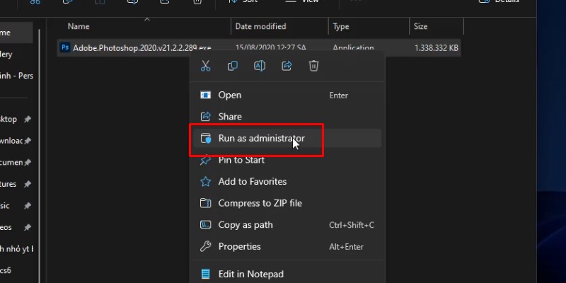 Photoshop 2020: Tải, Cài Đặt & Hướng Dẫn Kích Hoạt 11 Chuột phải vào Adobe.Photoshop.2020.v21 và chọn run as admin