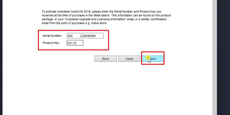 AutoCAD 2018 Phiên Bản Ổn Định Dễ Setup 19 Nhập số : 666-69696969 và 001J1 như hình và bấm next