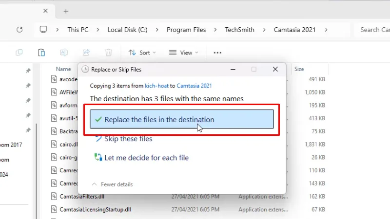 Camtasia 2021 Hướng Dẫn Chi Tiết Cách Cài 19 Bấm vào Replace the files...