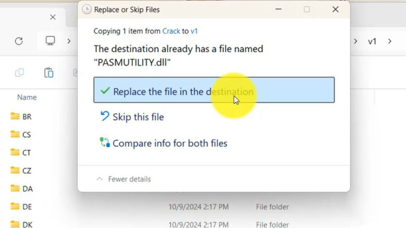 Chọn “Replace the file in the destination” để thay thế file cũ Chọn “Replace the file in the destination”